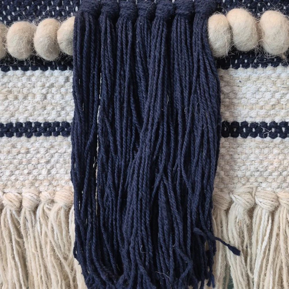 Vintage Handcrafted Cotton wool Handwoven Blue Ivory Tassel Boho wall hanging